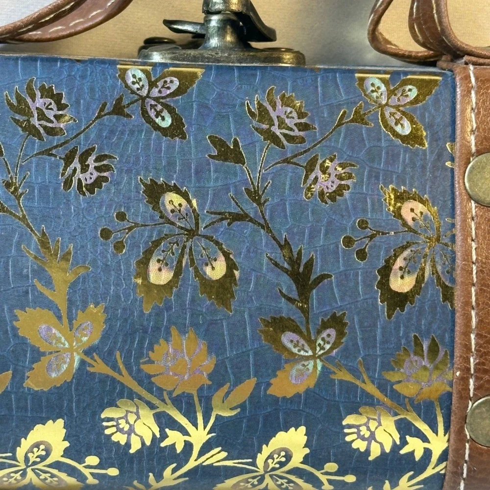 Vintage Style Mini Decorative Suitcase Blue Gold Floral Keepsake Box Trunk